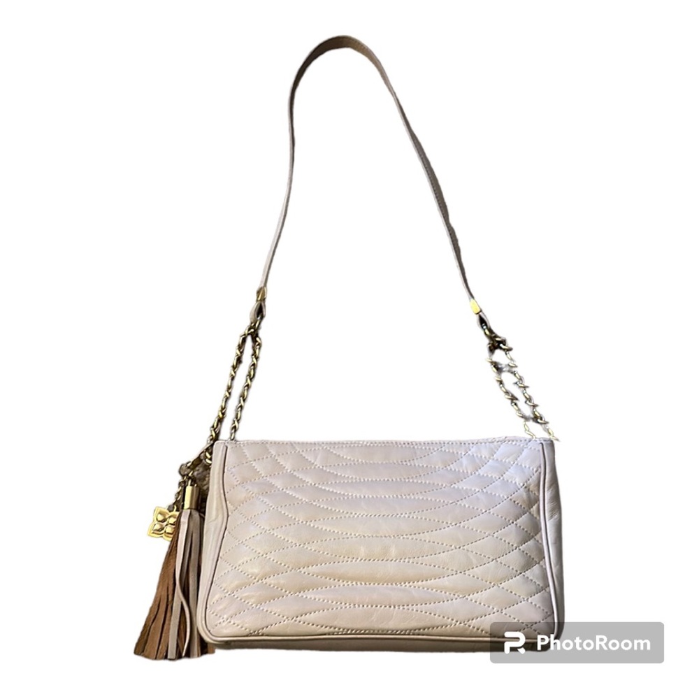 BCBGMAXAZRIA Bridget Beige Quilted Faux Leather Shoulder Bag w. Charm, Gold HW